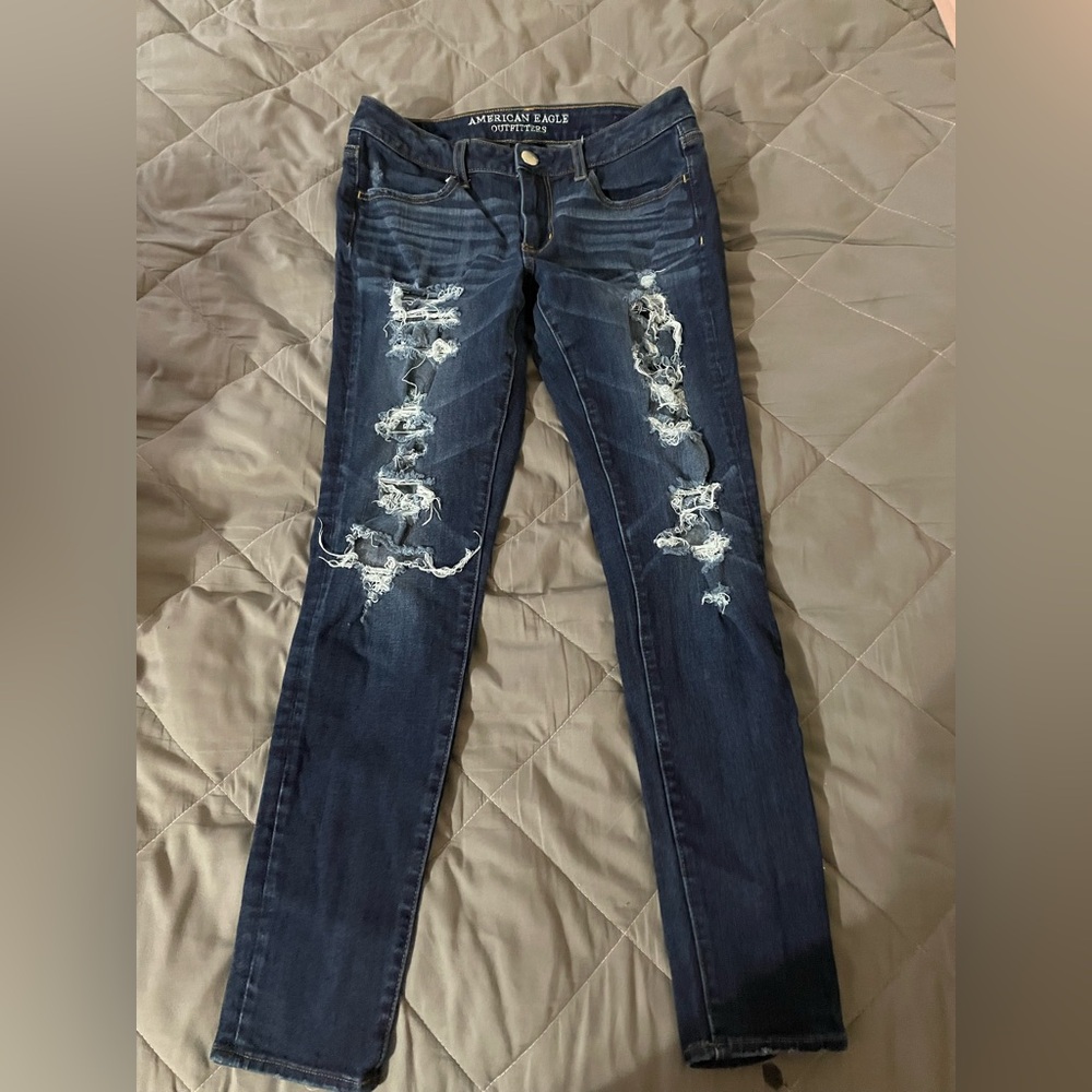 American Eagle Outfitters Dark Blue Distressed Skinny Jeans